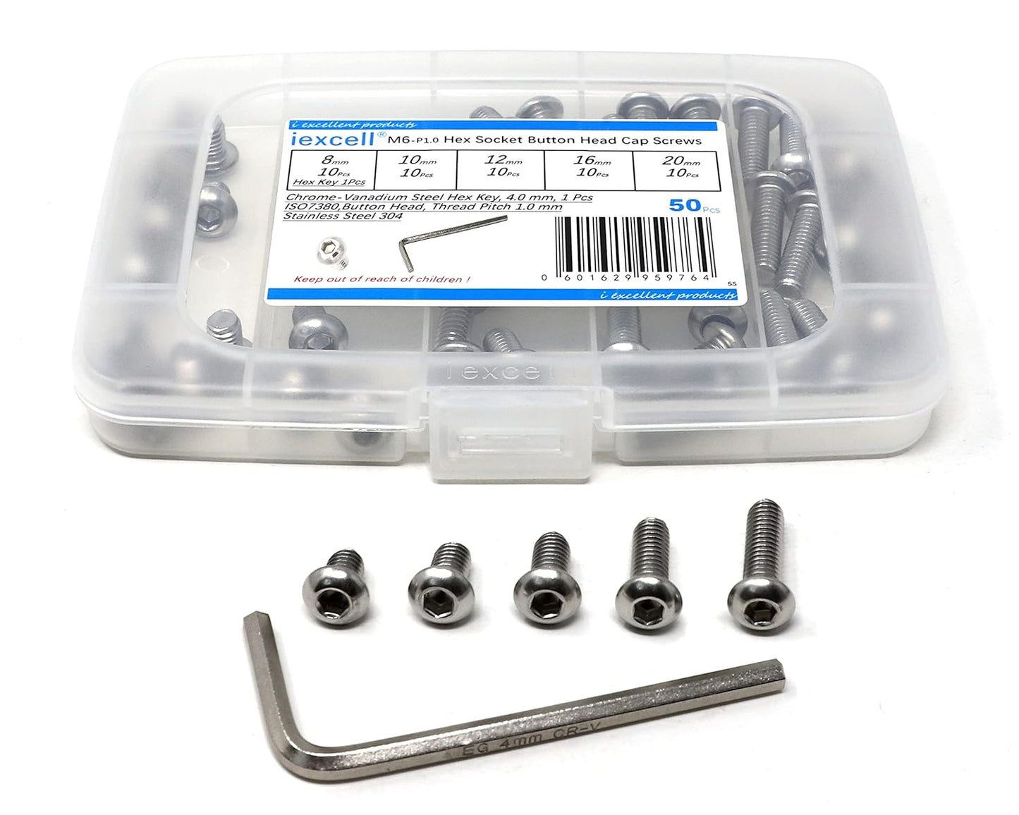 iexcell 50 Pcs M6 x 20mm Thread Pitch 1 mm Stainless Steel 304 Hex Socket Button Head Cap Screws Bolts Kit