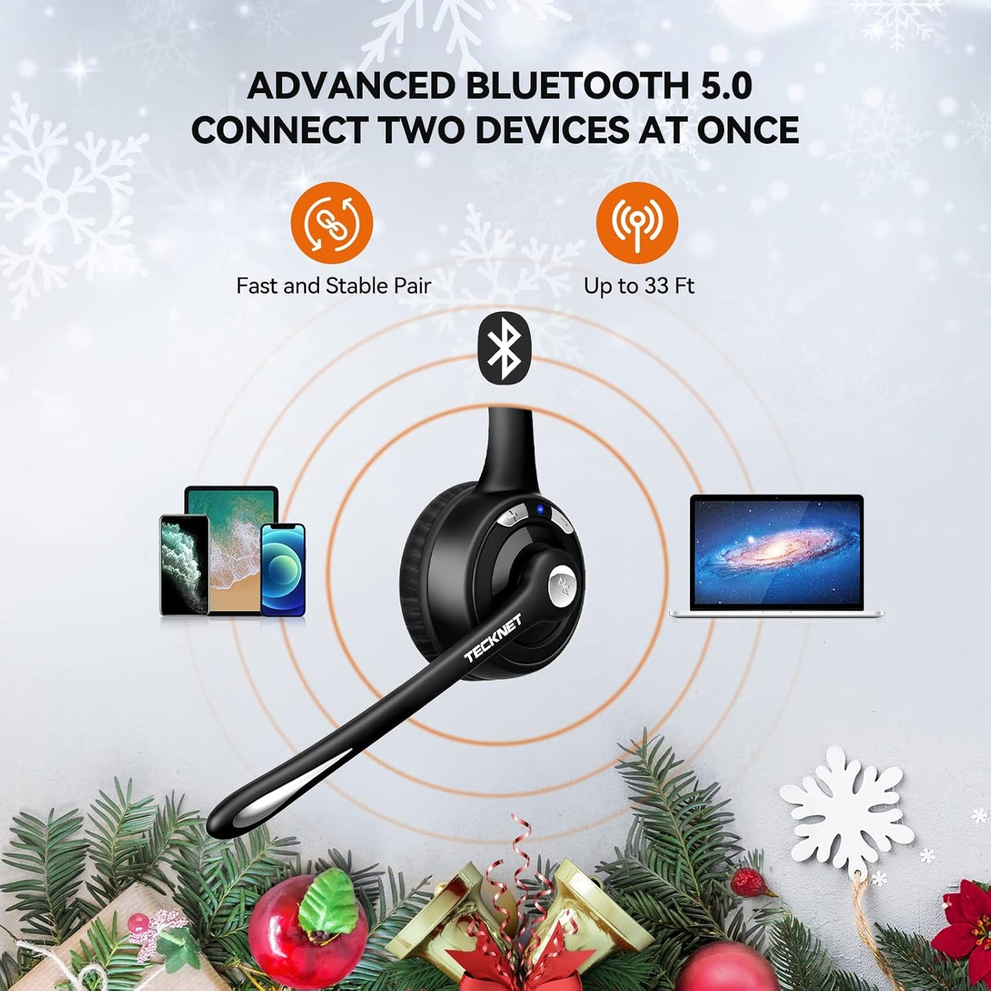 TECKNET Wireless Headset, Bluetooth Headphones with Noise Cancelling Microphone for Trucker, Hand Free Wireless Headset with Mute Mic for Cellphone/PC/Home/Office/Call Center