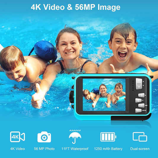 4K Underwater Camera 11FT Waterproof with 32GB Card 56MP Autofocus Selfie Dual-Screen for Snorkeling, Compact Digital Camera 1250mAh Battery (Blue)