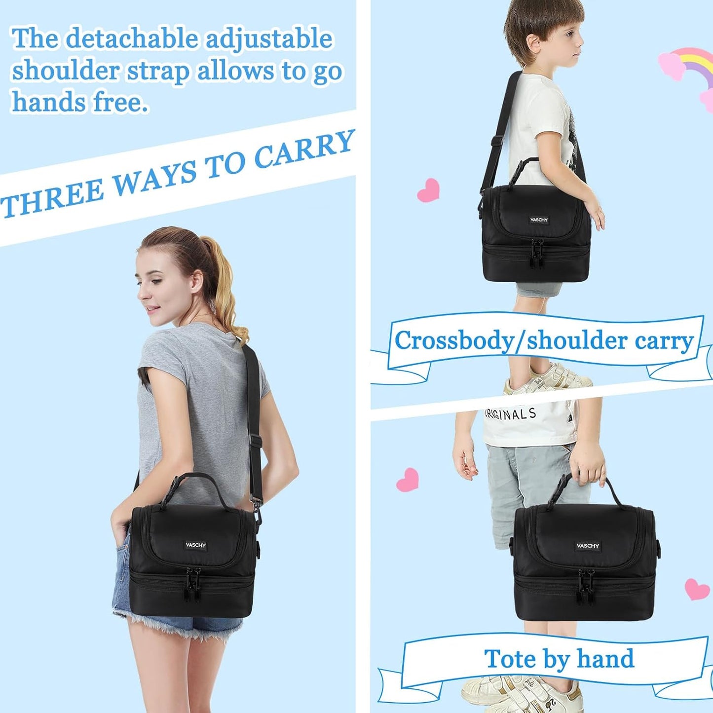 VASCHY Lunch Box Bag Men, Insulated Two Compartments Bento Cooler Bags for Adults/Women/Kids for School,Daycare,Kindergarten,Picnic Black
