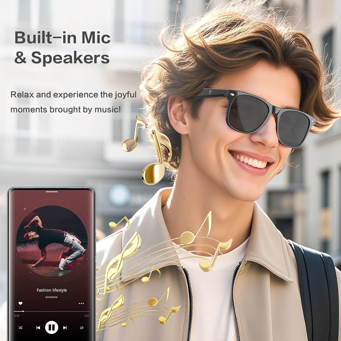 2025 AI Translation Smart Glasses for Men Women,7 Day Ultra-Long Standby,Anti-Blue Light/UV400,Bluetooth Glasses with 163 Translation,IP65 Waterproof,Multifunctional Sunglasses for Android iOS Black