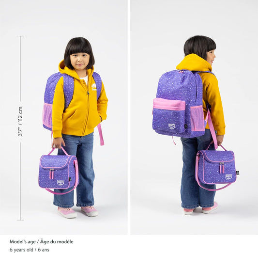 Roots Essential 3-in-1 Matching Water Resistant Kids Backpack and Lunch Bag Set with Bonus Pencil Case - Made From 100% Recycled Fabrics - 22.5 litres, Purple Pink Polka Dot - PuriLite