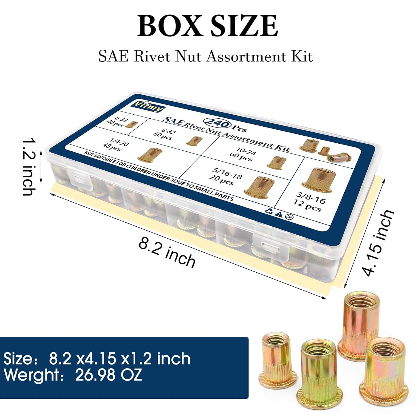 Vifmy Metric & SAE Rivet Nut Assortment Kit(420 Pcs),m3 m4 m5 m6 m8 m10 m12#6-32#8-32#10-24 1/4"-20 5/16"-18 3/8"-16 UNC Flat Head Rivnut Set,Zinc Plated Finish Carbon Steel Nutsert