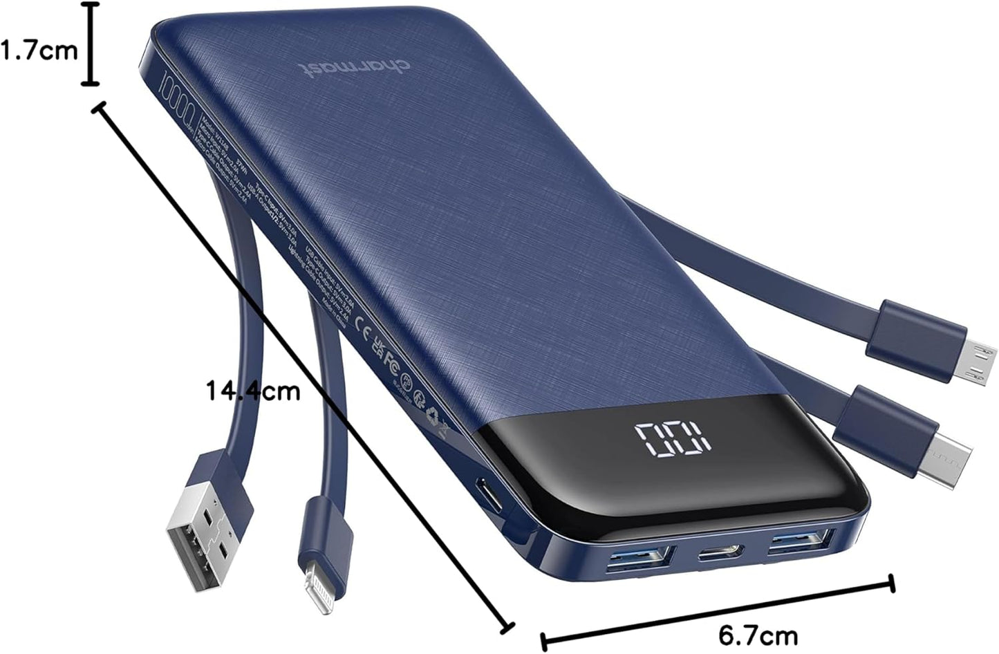 Charmast Portable Charger with Built in Cables, Power Bank with Cords Wires, Slim 10000mAh Travel Battery Pack 6 Outputs 3 Inputs 3A Fast Charging for Samsung Google Pixel LG Moto iPhone iPad