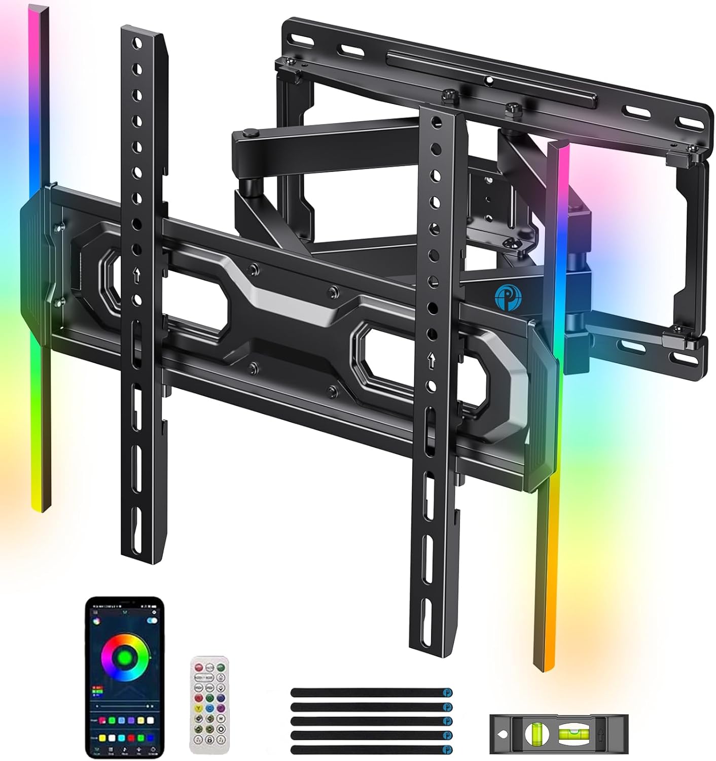 Pipishell Pre-Assembled TV Wall Mount with LED Lights for 26-65 inch TVs up to 99 lbs, Max VESA 400x400mm, Swivel, Extension, Tilt, TV Backlights with Music Sync, Fits 16”/12” Wood Studs, PIMF20