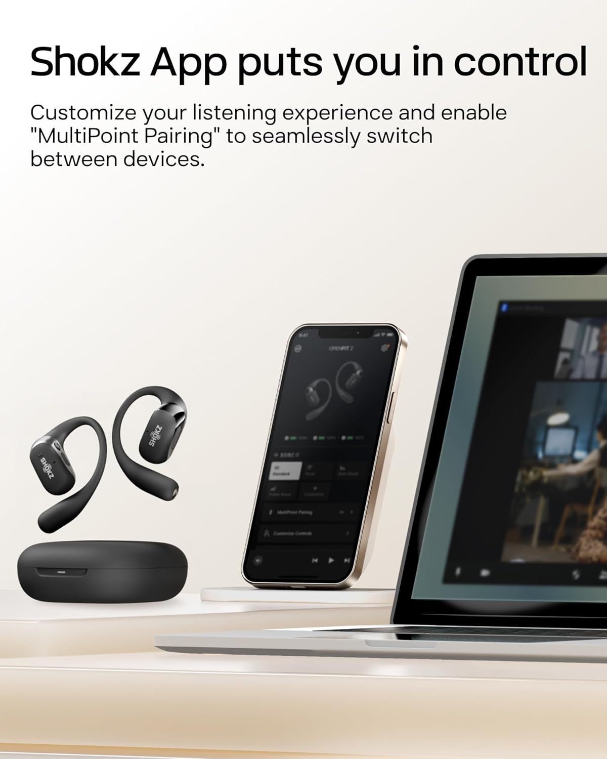 New SHOKZ OpenFit 2 Open-Ear Headphones, True Wireless Bluetooth Earphones with Microphone, Earhook Earbuds with 48 Hours of Playtime, Fast Charging, IP55 Water-Resistant, with Carrying Bag, Black