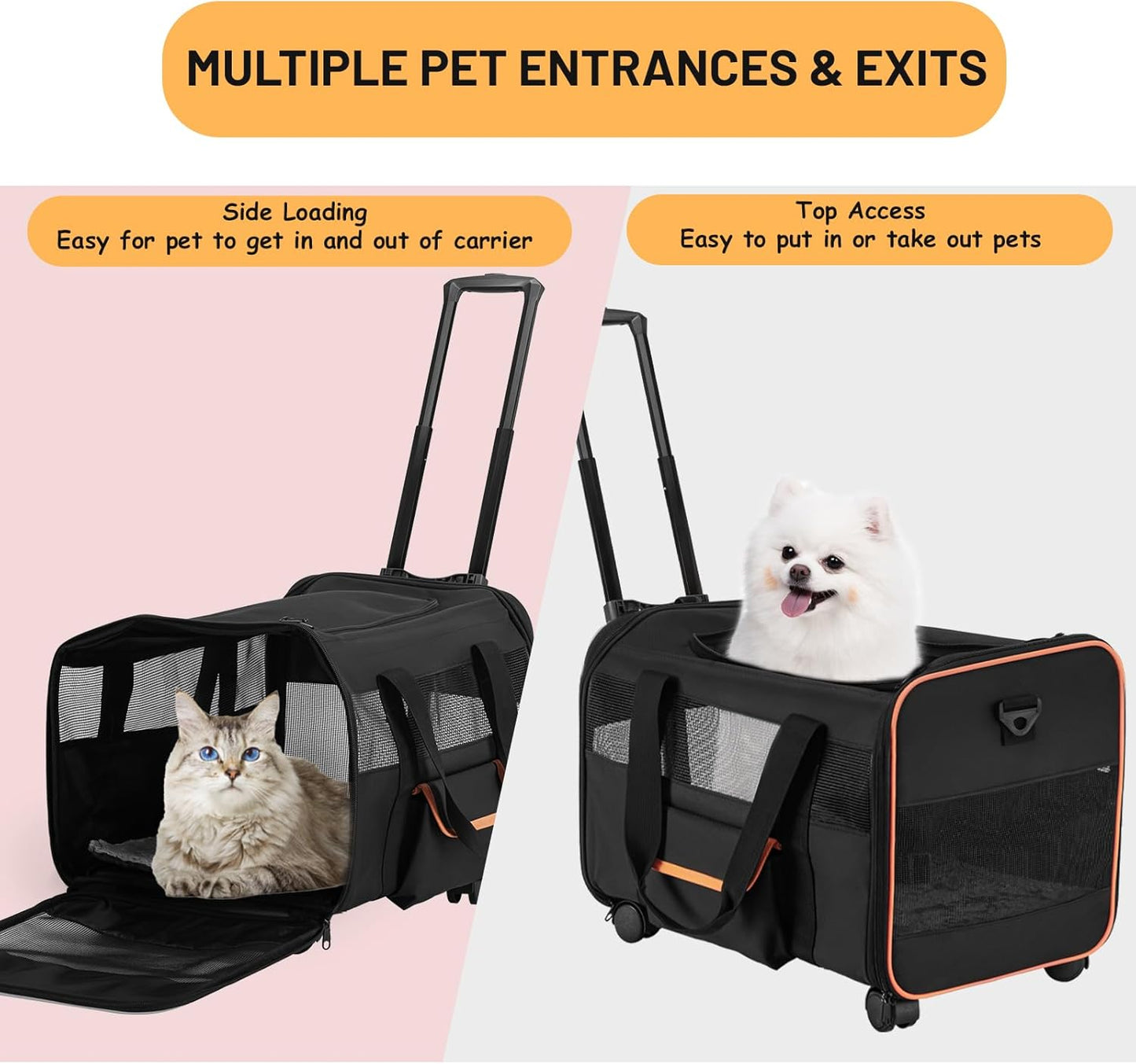 UNICITII Pets Carrier for Small Cat, Dog Medium Cats Puppies up to 20 Lbs, Airline Approved Carrier Soft Sided, Collapsible Travel Puppy Carrier (Grey-with Wheels)