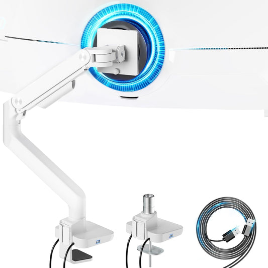 ARES WING Single Monitor Mount with USB A/C, Heavy Duty Monitor Arm for 17 to 49 inch Ultrawide Screen, Holds 44 lbs, Adjustable Gas Spring Arm Desk Mount with Clamp and Grommet Base, White - PuriLite