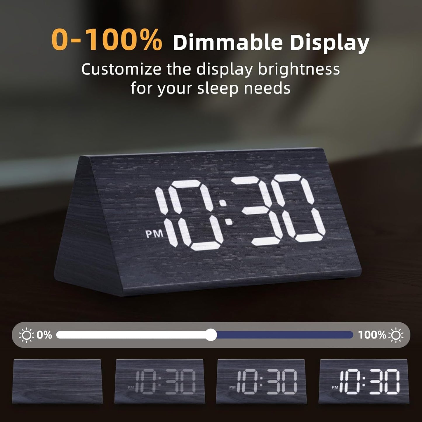 Odokee Wooden Digital Alarm Clock for Bedroom: Electric Desk Clock with Large LED Display - Brown
