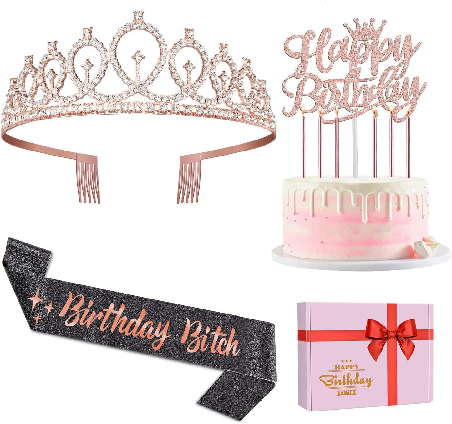 65th Birthday Decorations for Women, Including 65th Birthday Sash and Crown, Cake Topper and Candles, Number Balloons Rose Gold, 65 Year Old Gifts for Women