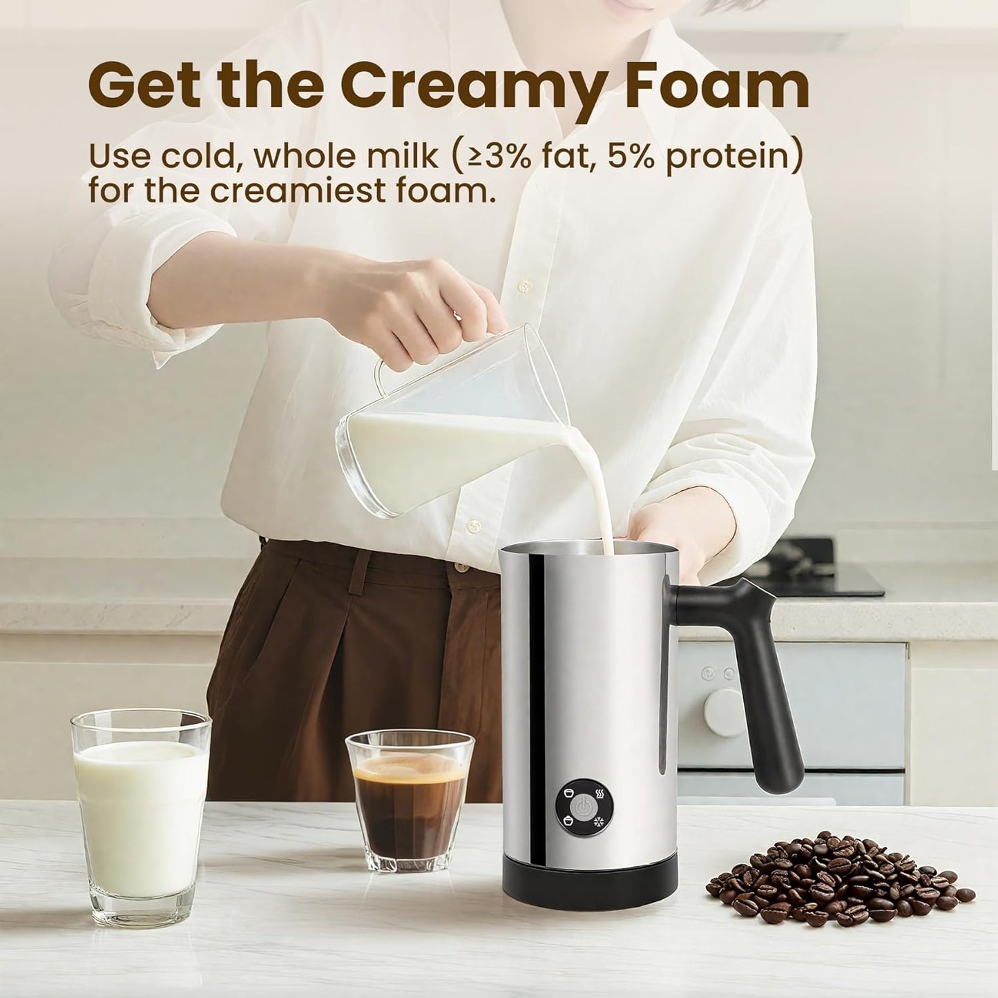 Stainless Steel 4-in-1 Electric Milk Frother, Milk Frother and Steamer, 10.6oz Large Capacity, Cold and Hot Foam Maker for Lattes, Cappuccinos, Non-Stick Coating Interior, Polished