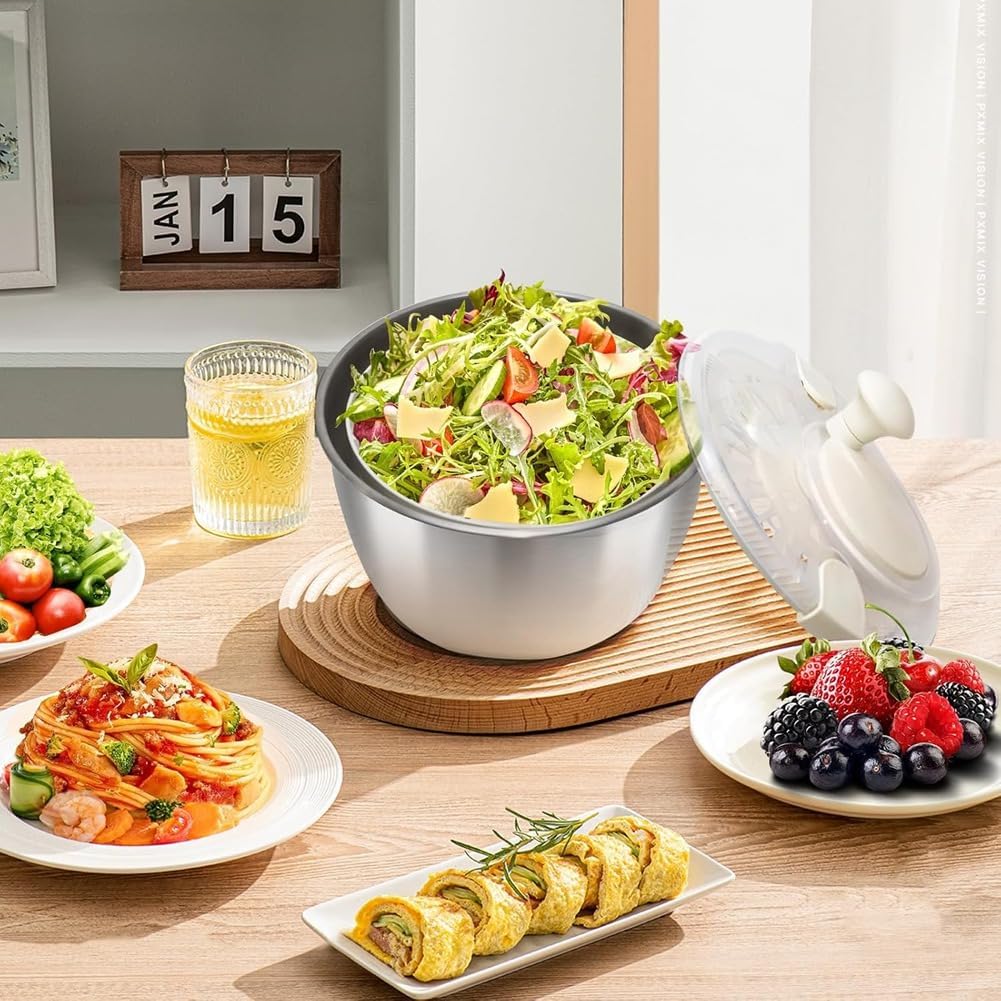 Cenroelon Stainless Steel Salad Lettuce Spinner Quick Manual Compact with Lid,Basin Drain Frame Non-Slip Base