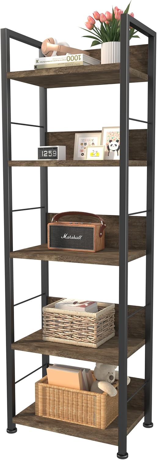 KZZLOL Bookshelf 5 Tier, Corner Bookcase with MDF Board & Metal Frame, Industrial Book Shelf Decor for Living Room, Study, Kitchen ,Bedroom Storage (Dark Brown)
