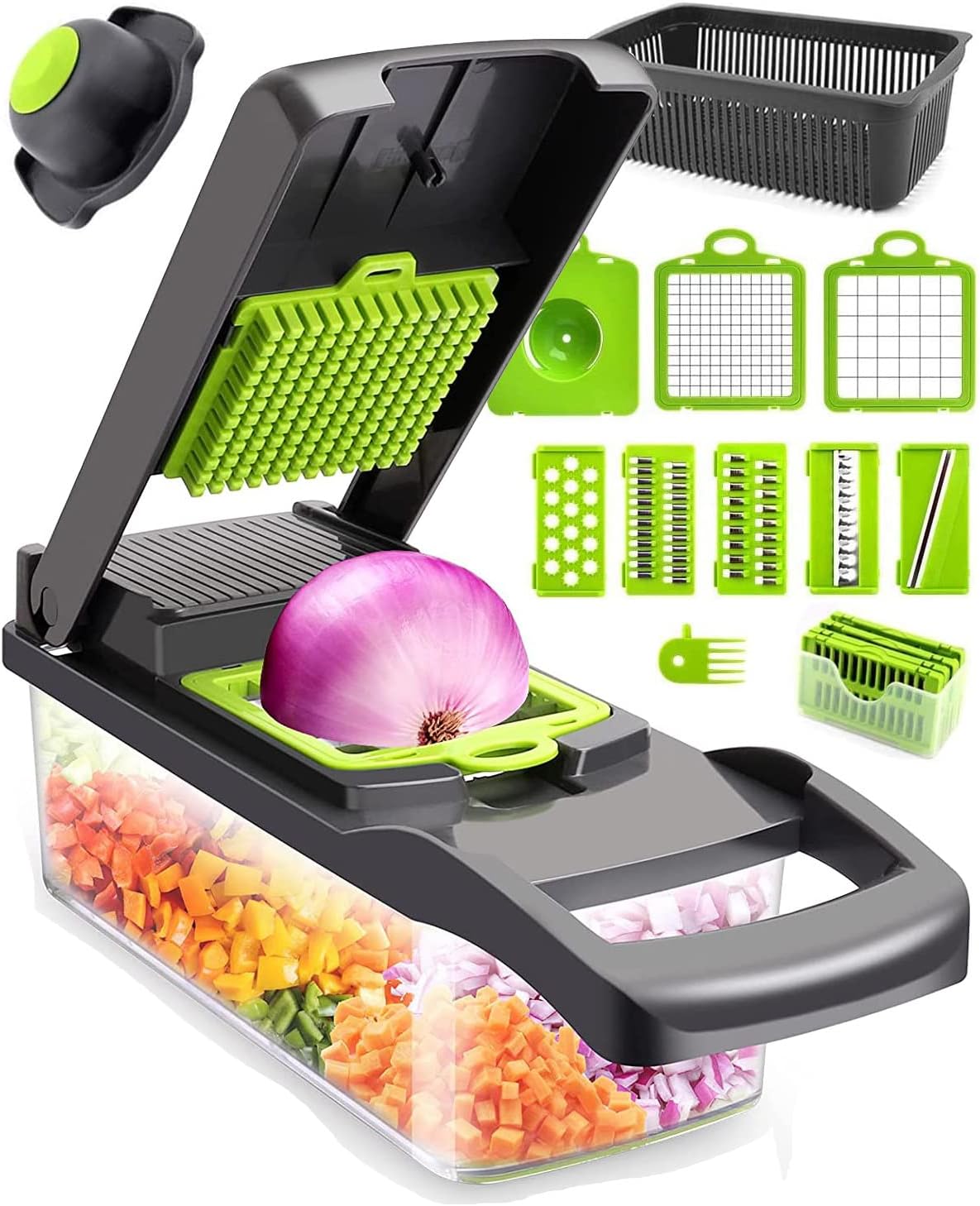 Vegetable Chopper for Kitchen, 26 in 1 Onion Chopper Slicer Dicer Potato Cutter Food Chopper Veggie Salad Maker Dicing Machine Potato Fruit Dicer with Container