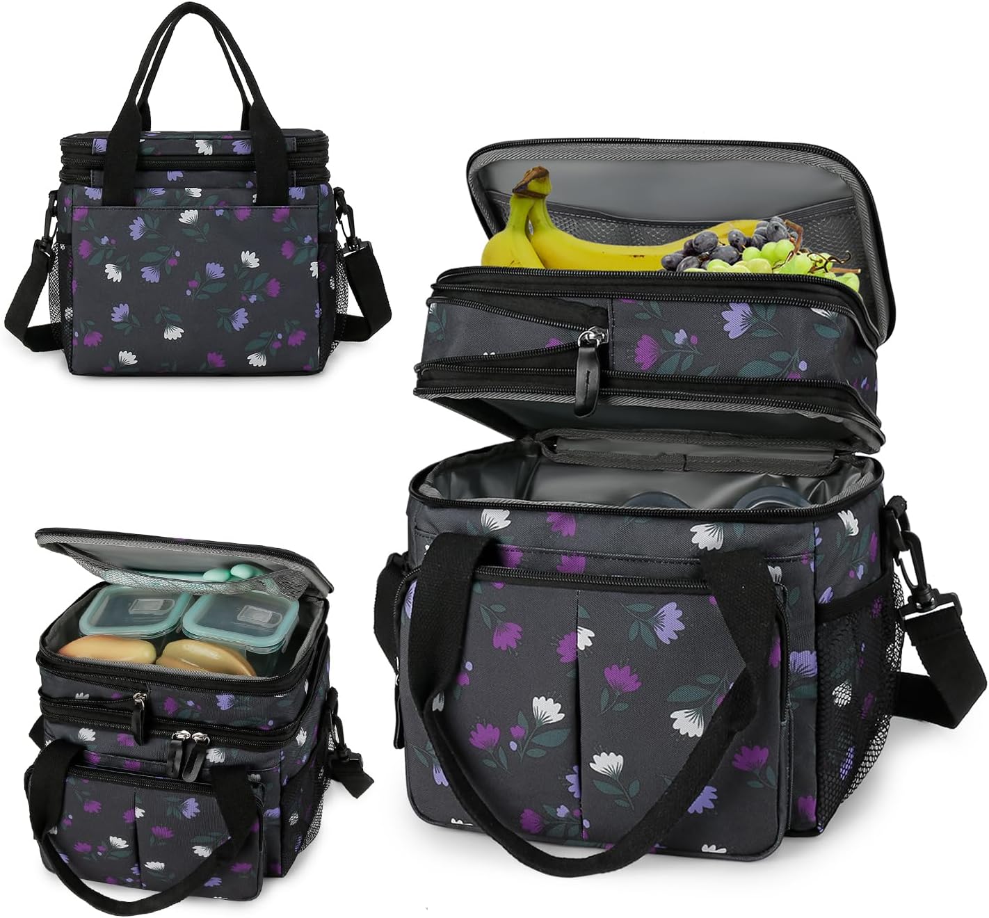 Lunch Bag Women Insulated Lunch Box for Work, Purple Expandable Large Lunch Bags, Leakproof Double Deck Lunch Box Cooler Bag(Purple)