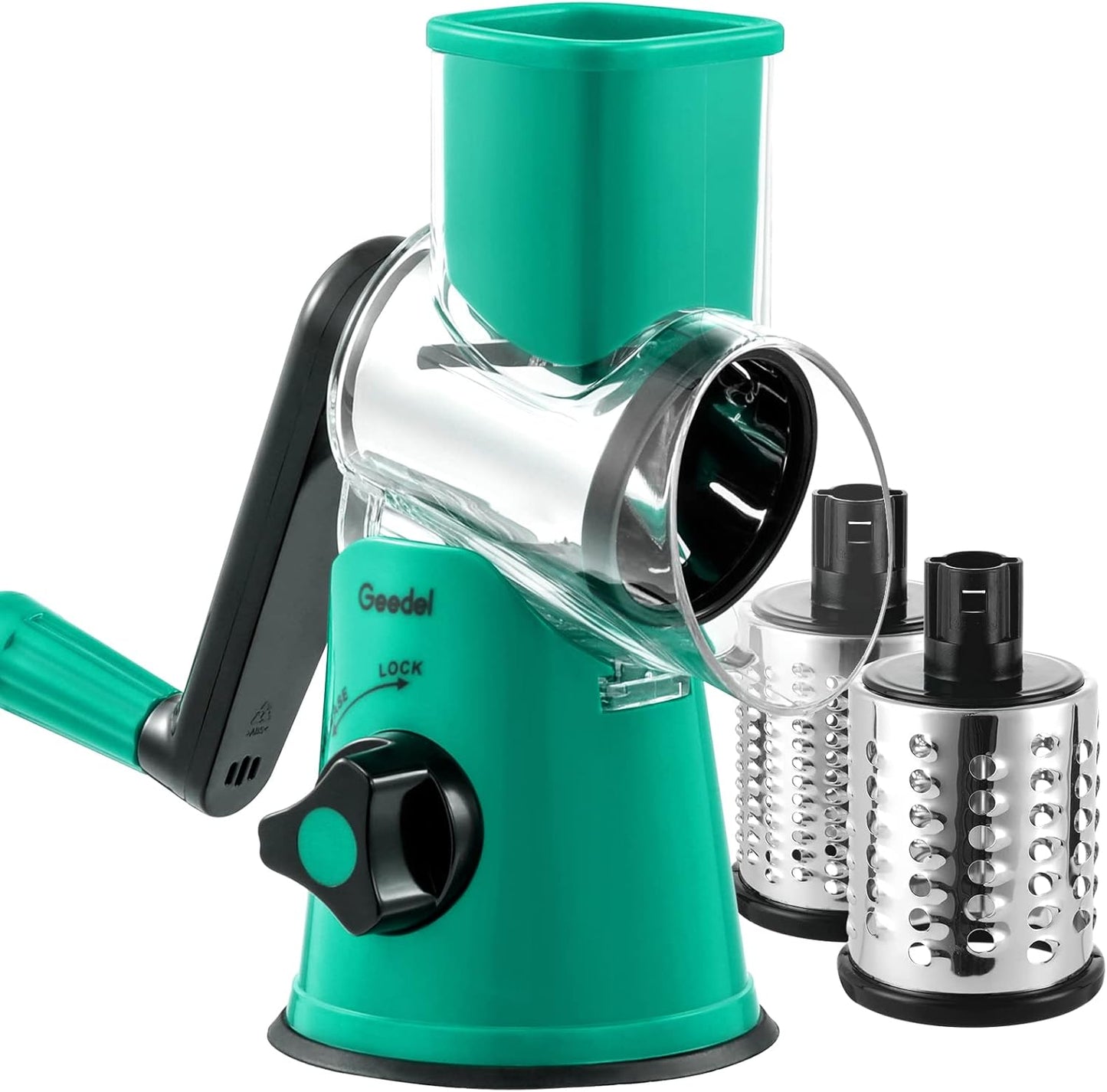 Geedel Kitchen Cheese Grater, Rotary Mandoline Vegetable Slicer with Interchangeable Blades, Easy to Use Rotary Grater Slicer for Fruit, Vegetables, Nuts
