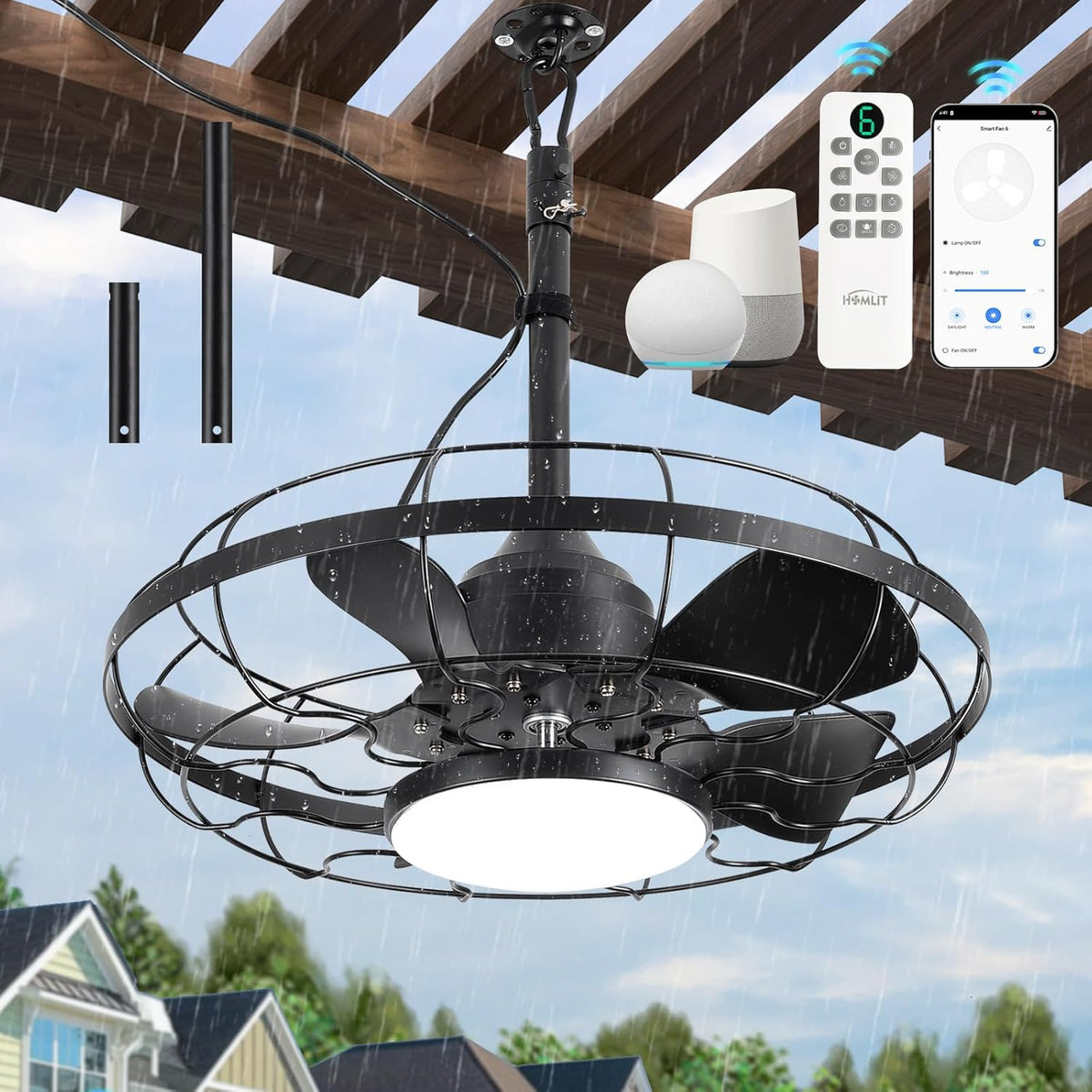 Outdoor Ceiling Fan with Light for Patios, 21" Garage Ceiling Fan Outdoor Hanging, IP65 Waterproof Plug in Ceiling Fan with Alexa/Google/App Control,3CCT Dimmable 6-Speeds for Patios Porch