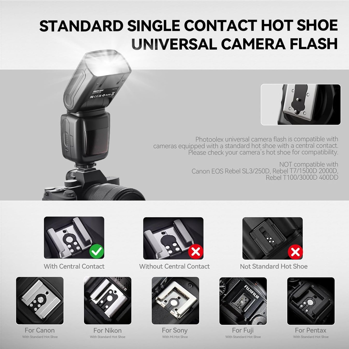 PHOTOOLEX Camera Flash Speedlite for Canon Nikon Sony Panasonic Olympus Fujifilm Pentax Sigma Minolta Leica and Other SLR Digital Cameras and Digital Cameras with Single Contact Hot Shoe