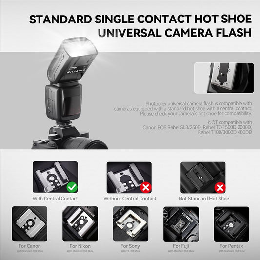 PHOTOOLEX Camera Flash Speedlite for Canon Nikon Sony Panasonic Olympus Fujifilm Pentax Sigma Minolta Leica and Other SLR Digital Cameras and Digital Cameras with Single Contact Hot Shoe - PuriLite