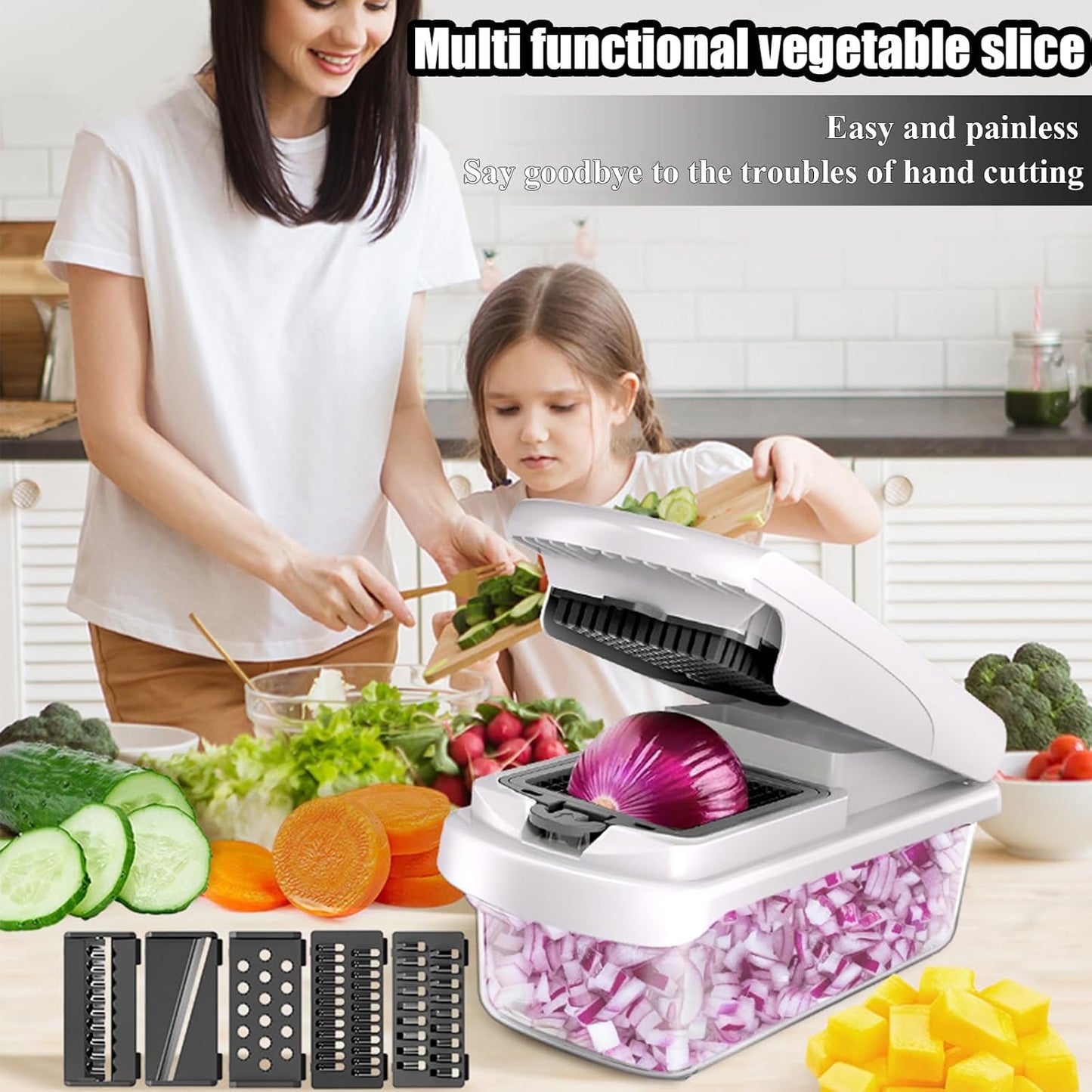 Vegetable Chopper Cutter Slicer Dicer with Container, 15-in-1 Veggie Mandoline Food Slicer for Kitchen, Fruit Onion Salad Potato Chopper Cutter Dicer, Cheese Grater, Kitchen Tools Gadgets