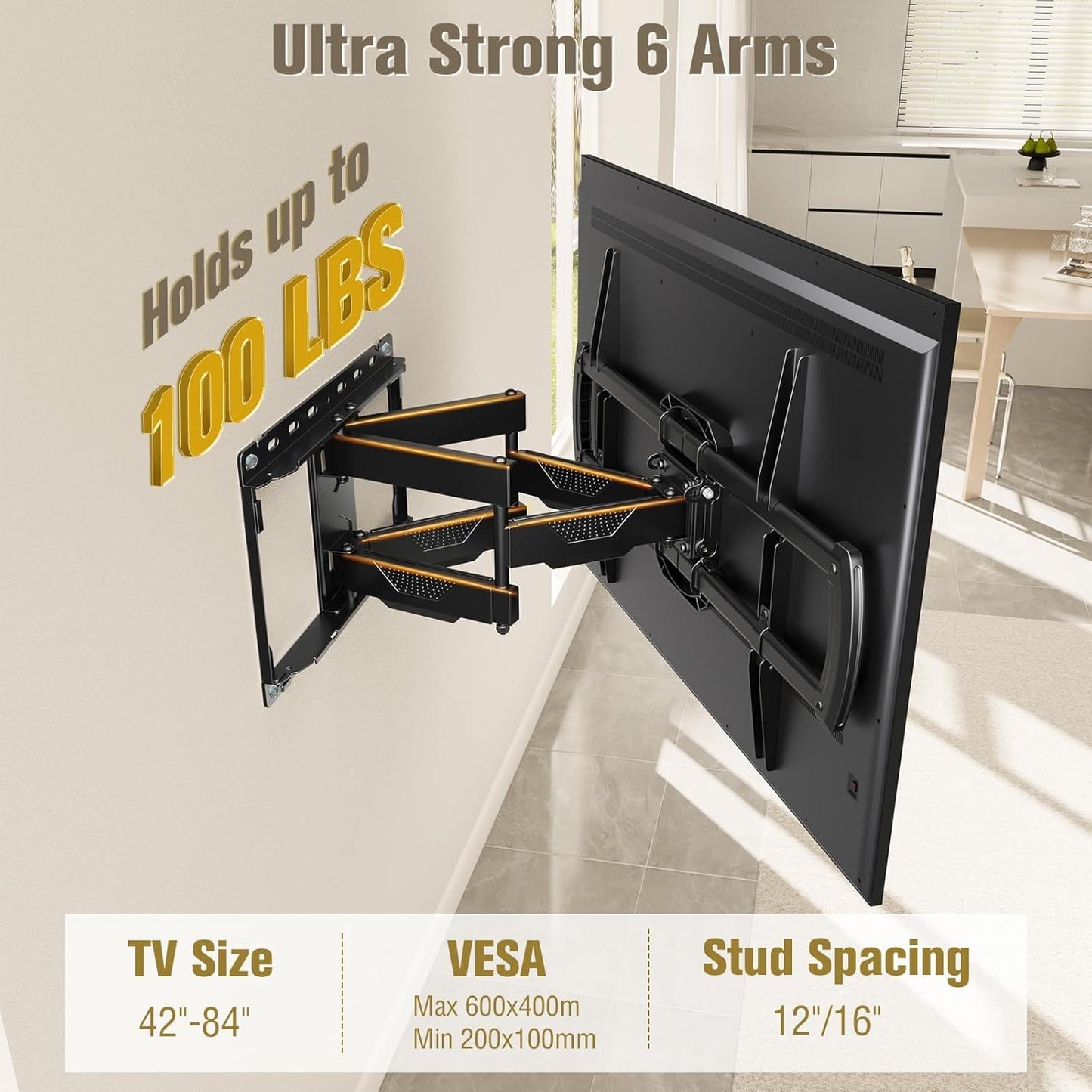 Mounting Dream TV Mount Bracket for Most 42-82 Inch Flat Screen TVs, Full Motion TV Wall Mounts with Swivel Articulating Dual Arms, Max VESA 600x400mm, 100 LBS Loading, Fits 16" Wood Studs, MD2296