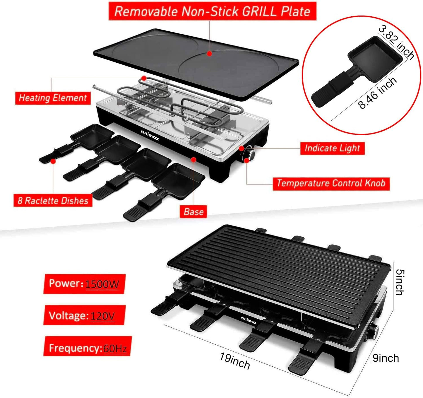 Raclette Table Grill, CUSIMAX Electric Indoor Grill, Portable Korean BBQ Grill with 2 in 1 Reversible Non-stick Plate& Natural Grill Stone, 1500W Electric Party Grill, 8 Raclette Pans& Wooden Spatulas