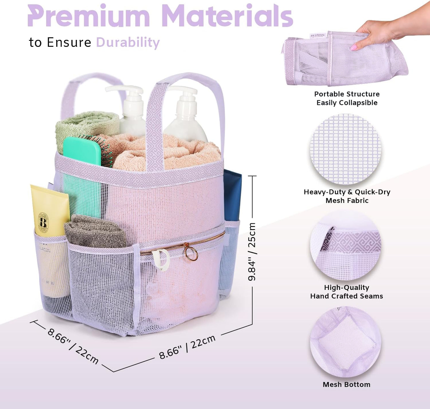 Mesh Shower Caddy Portable 10.2x9.9'' Shower Bag with Zipper & 2 Pockets. Shower Tote Ideal for Gym, Travel, Camp, Beach, for Sunscreen, Dorm & College Essentials (Black)