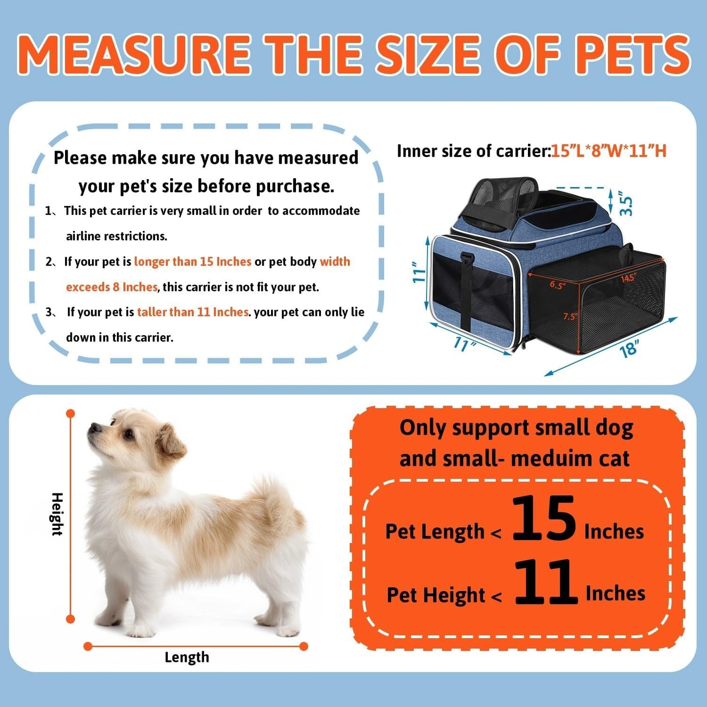 Petskd Top and Side Expandable Pet Carrier 17x12x8.5 Inches JetBlue Frontier Spirit Airline Approved, Soft-Sided Carrier for Small Cats and Dogs with Locking Safety Zipper and Anti-Scratch Mesh(Black)