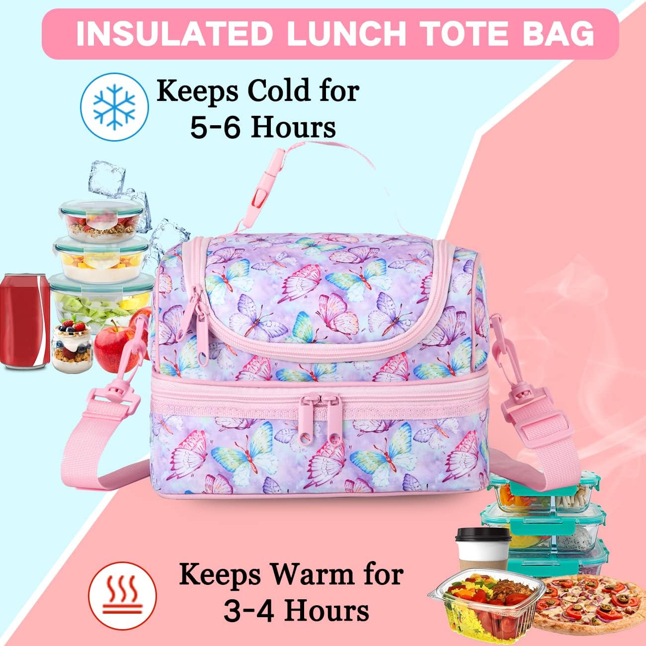 VASCHY Lunch Box Bag Men, Insulated Two Compartments Bento Cooler Bags for Adults/Women/Kids for School,Daycare,Kindergarten,Picnic Black