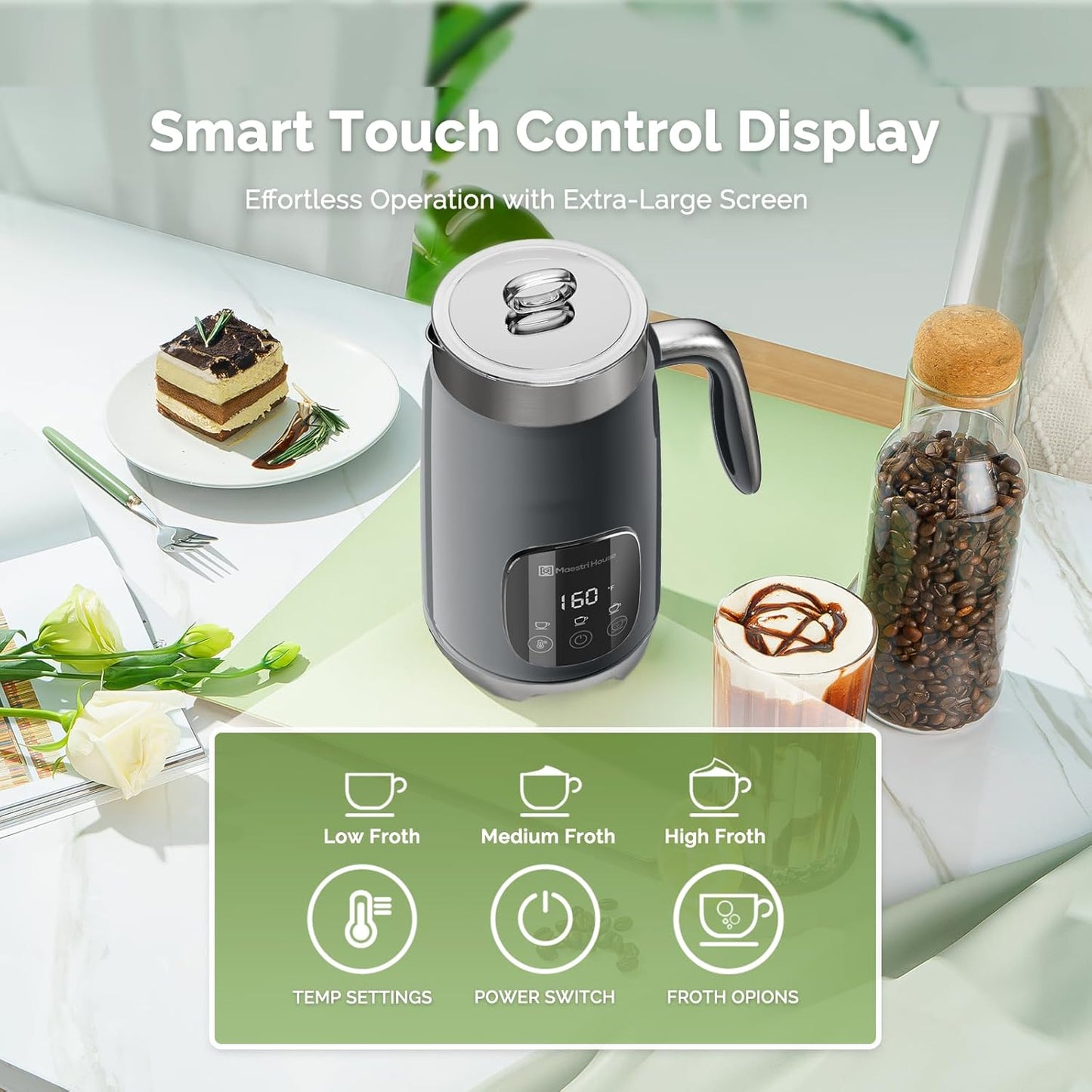 Maestri House Milk Frother, Variable Temp and Froth Thickness Milk Frother and Steamer, 14.1OZ/400ML Smart Touch Control Foam Maker, Memory Function for Latte, Warm Milk, Hot Chocolate,DualFro 400
