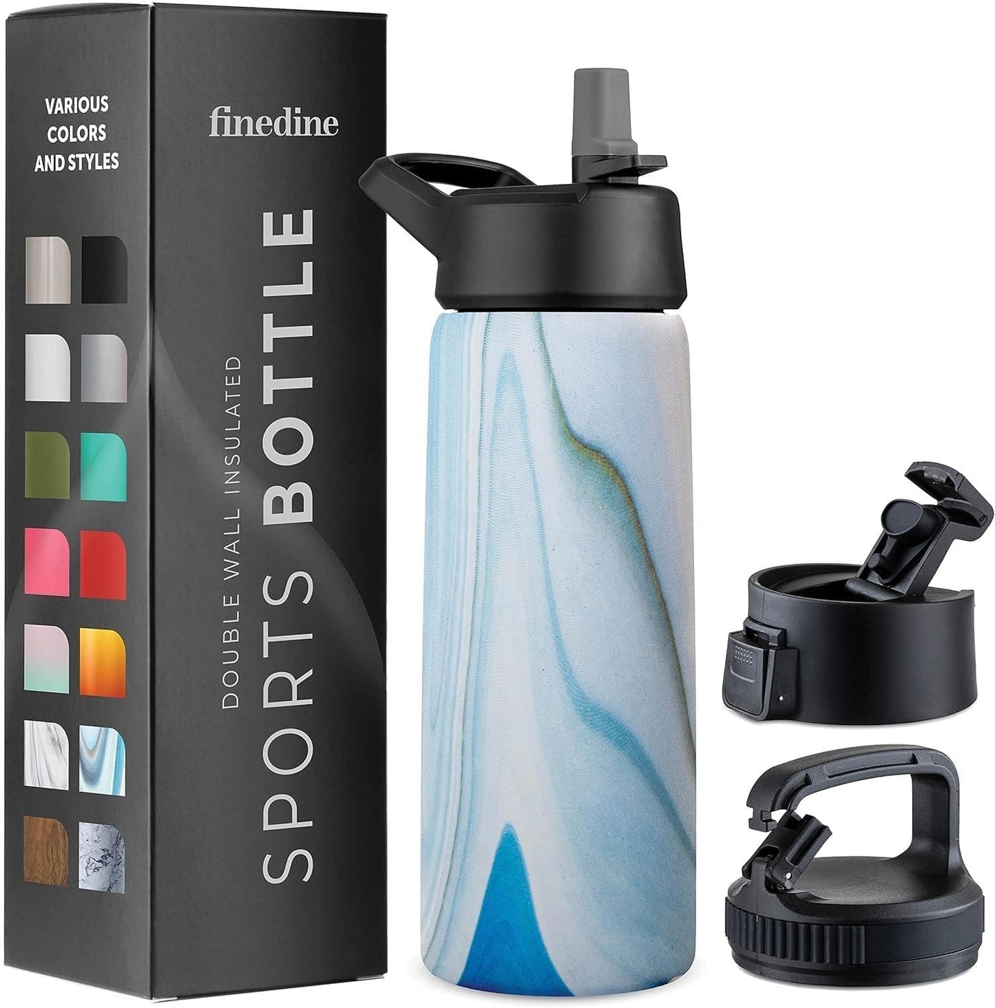 FineDine Water Bottle - Stainless Steel Insulated Water Bottle with Straw Lid, Flip Lid & Wide-Mouth Cap - Keeps Hot and Cold - 25 Oz / 739ml - Pure Pearly White