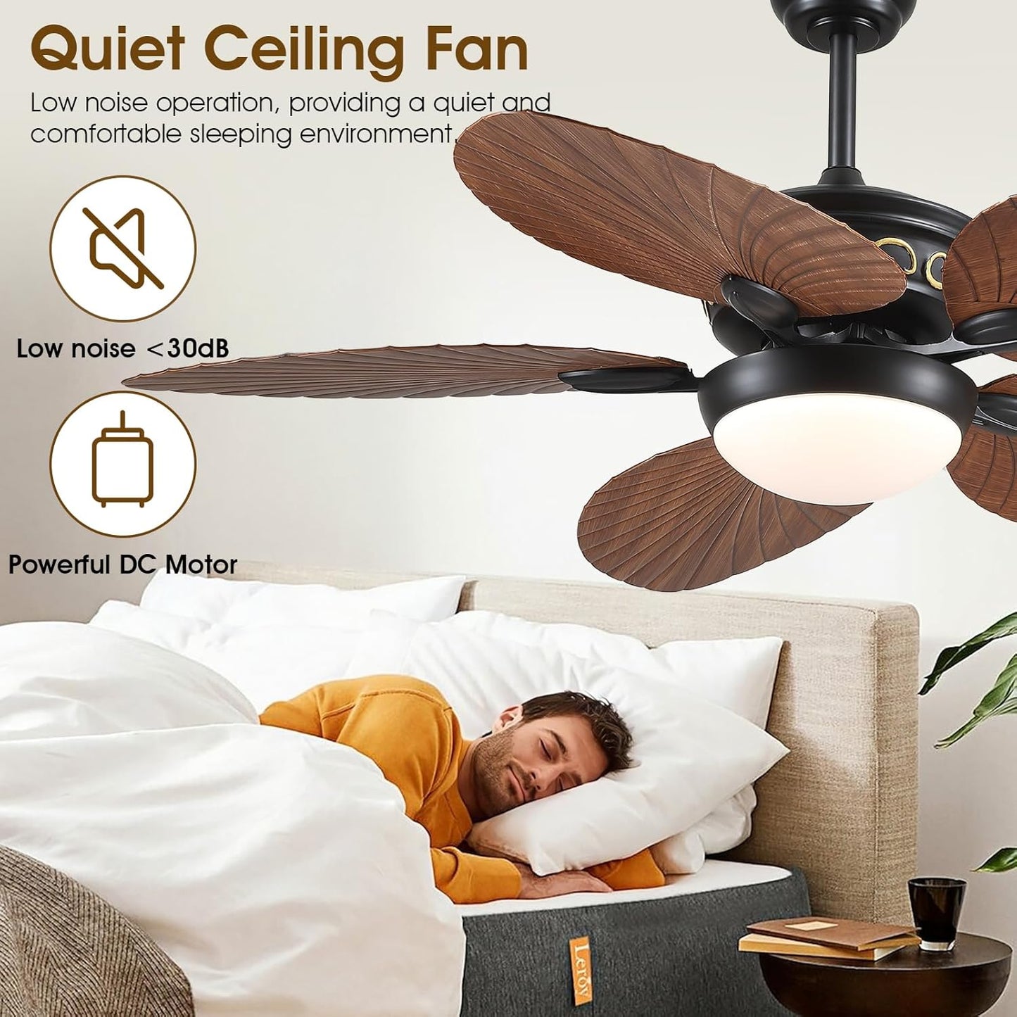 Wiviniya Ceiling Fans with Lights and Remote/APP Control, 44 Inch Tropical Palm Leaf Ceiling Fan with LED Lights, Outdoor Ceiling Fans for Patios Porch, Reversible Quiet Motor, Dimmable, Light Brown
