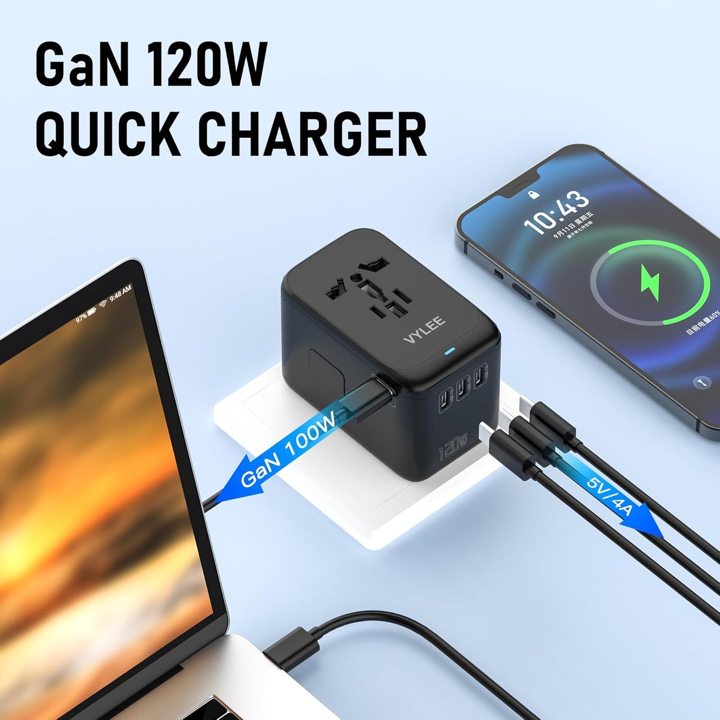 VYLEE Universal Travel Adapter, 65W Fast GaN International Power Adapter, 3PD USB-C+1QC USB-A European Travel Plug Adapter, US, UK, EU, AU Worldwide Travel Charger for Laptops, Tablets, Phones