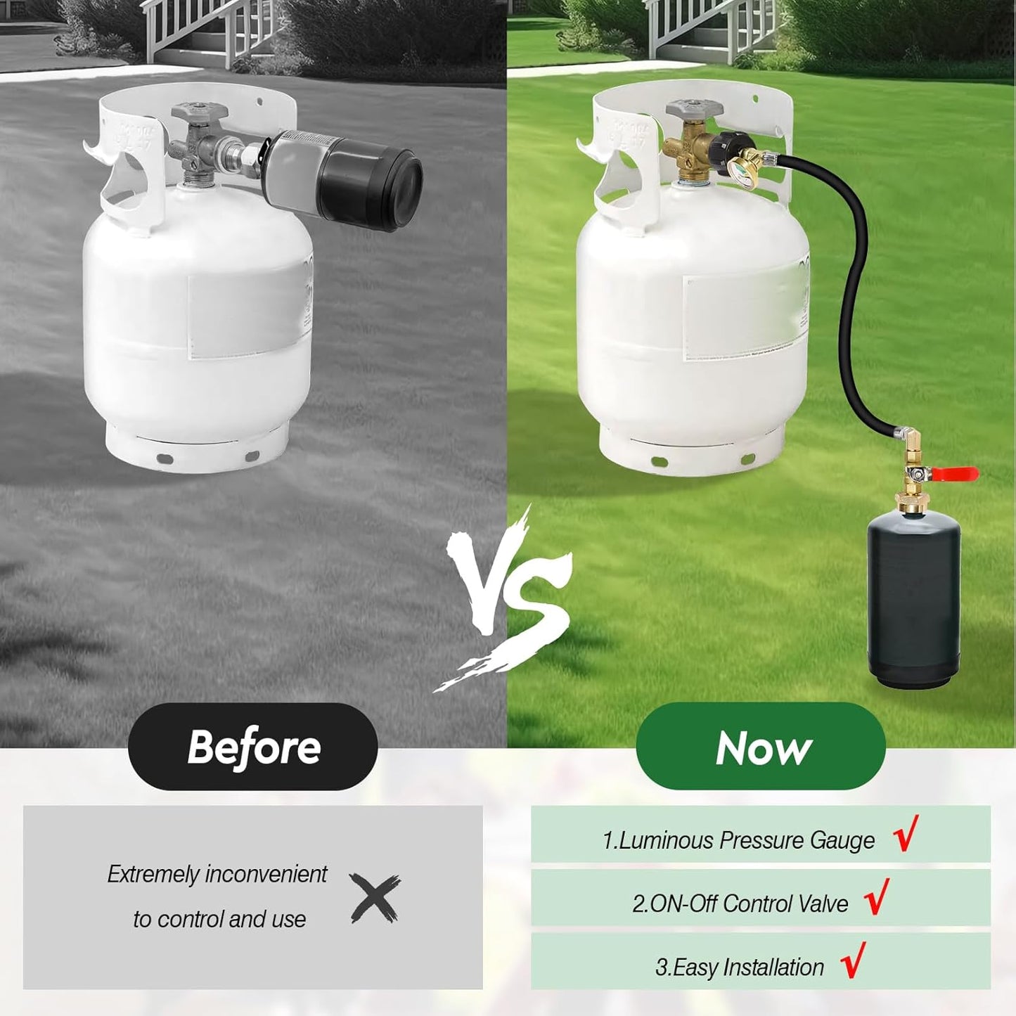 Propane Refill Adapter 20lb to 1lb Camping, Upgrade 3FT/36inch Propane Tank Refill Adapter Hose with Guage and ON-Off Control Valve, 2 Bottle Caps Included (PVC)
