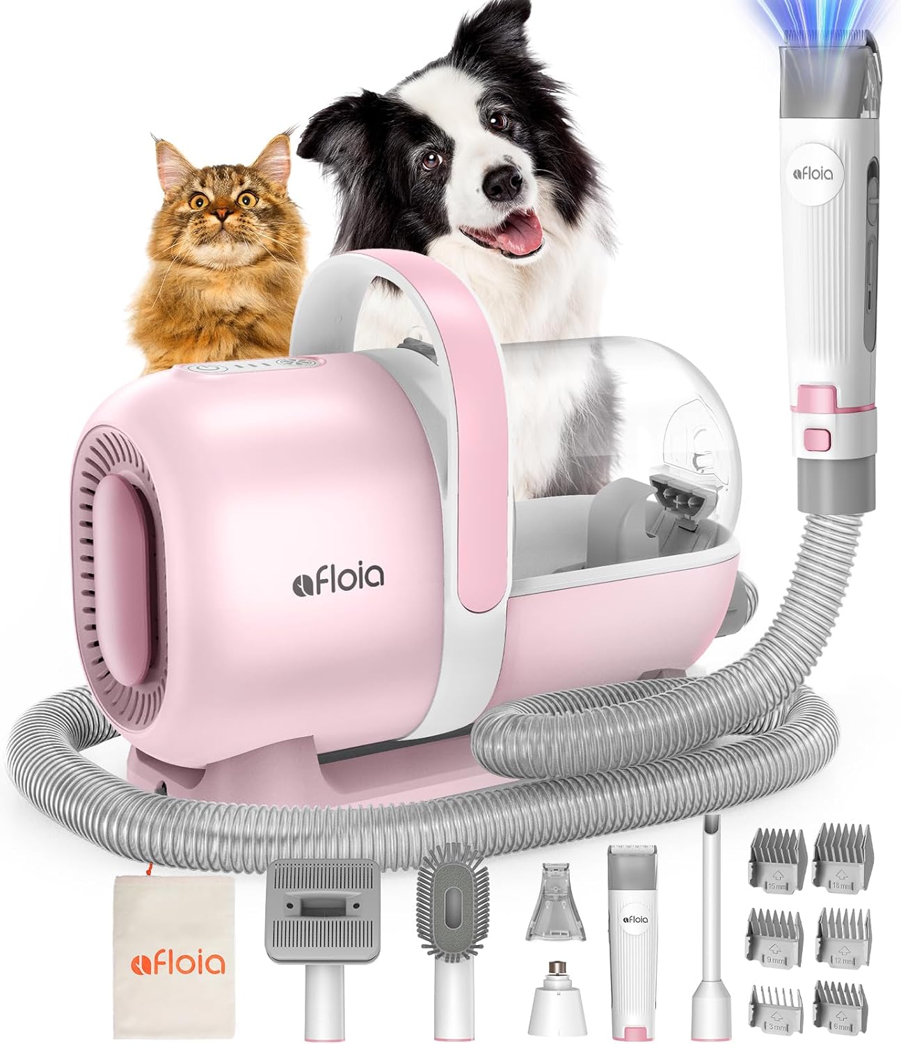 Afloia Dog Grooming Kit, Pet Grooming Vacuum & Dog Clippers Nail Trimmer Grinder & Dogs Brush for Shedding with 6 Pets Groom Tools, Low Noise Dogs Hair Remover Pets Supplies (White)