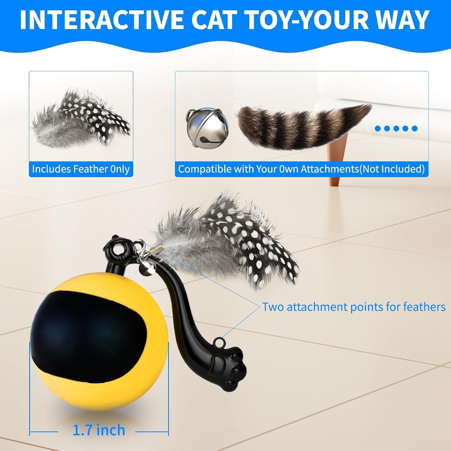 snoslme Interactive Cat Ball Toy, Automatic Moving Cat Toy Ball with Feather Tail, Cats Toy for Chasing and Hunting (Yellow) - PuriLite