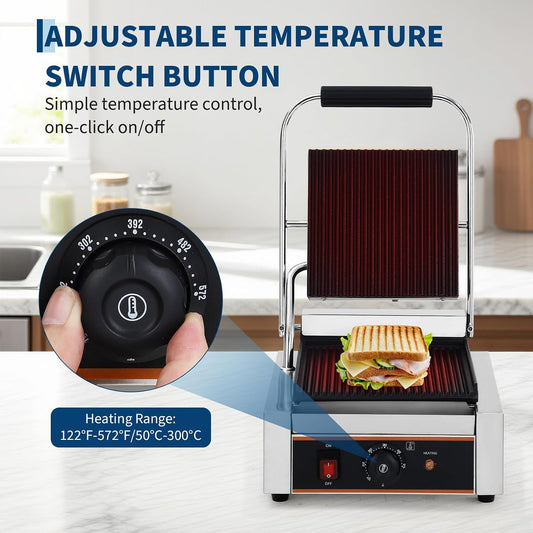 1800W Commercial Panini Press Grill - Stainless Steel Sandwich Maker - 9"x9" Full Grooved Surface - 6 Temp Settings - Ideal for Burgers, Steaks, Cafés - 110V, American Plug - Size: 6-Level