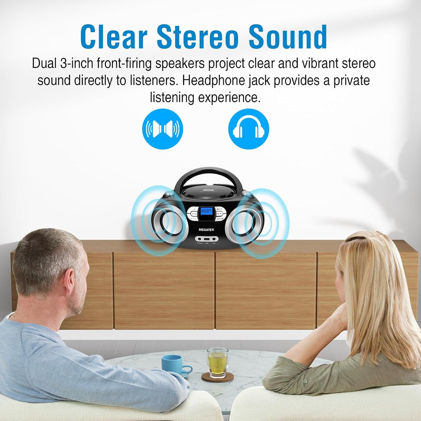MEGATEK Portable CD Player Boombox with FM Radio, Bluetooth, USB Port, AUX Input, and Headphone Jack – CD-R/CD-RW/MP3-CD Compatible, Clear Stereo Sound, Backlit LCD Display – Black