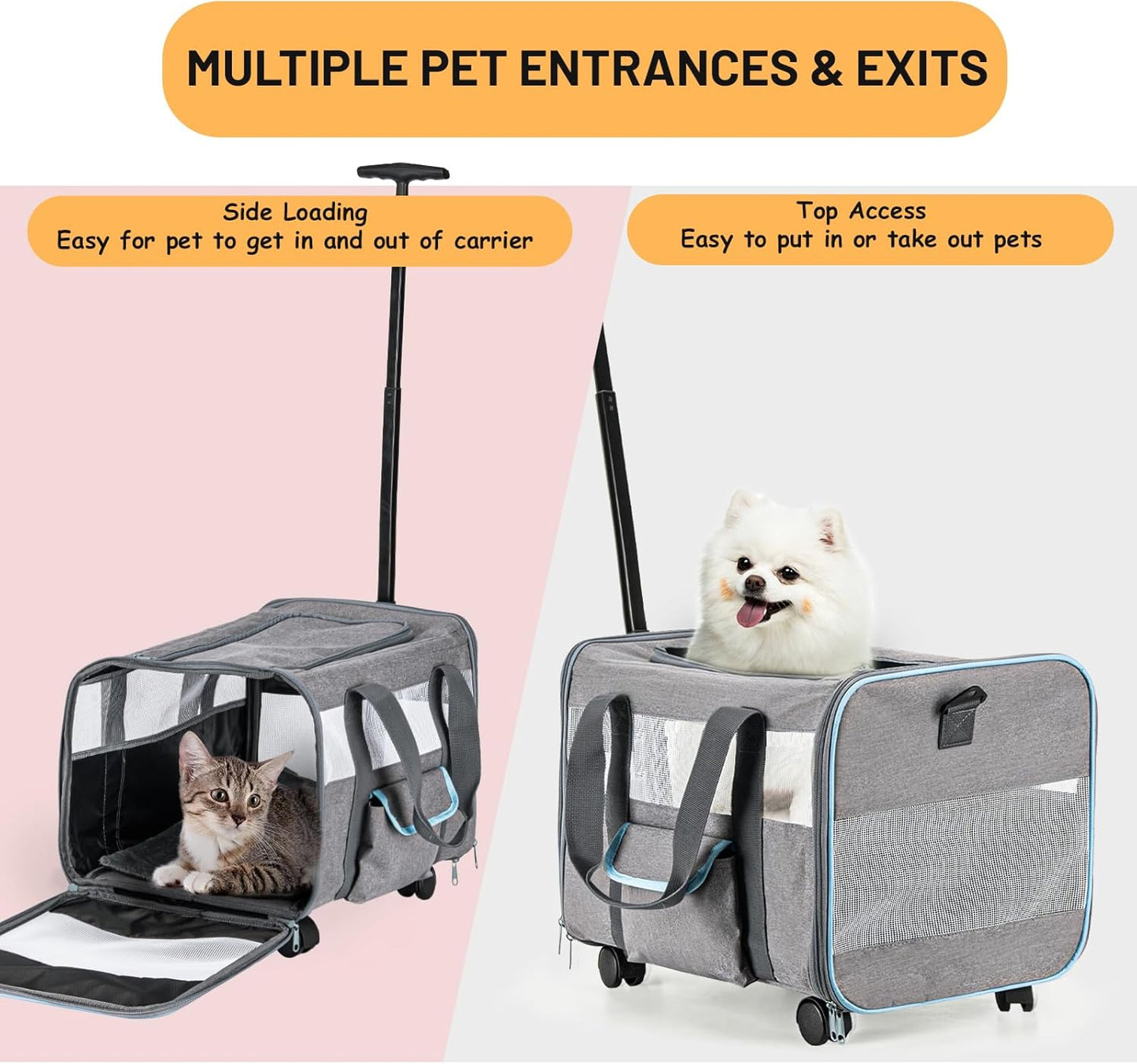 UNICITII Pets Carrier for Small Cat, Dog Medium Cats Puppies up to 20 Lbs, Airline Approved Carrier Soft Sided, Collapsible Travel Puppy Carrier (Grey-with Wheels)
