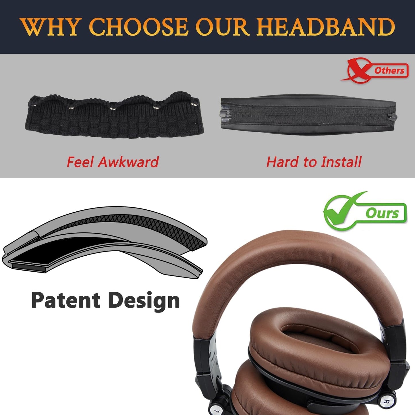 SOULWIT Protein Leather Headband Cover for Audio Technica ATH M50, M50X, M50XWH, M50XBT, M50XBT2, M50S/LE, M50xSTS Headphones, Replacement Headstrap Pad Repair Part (Black)