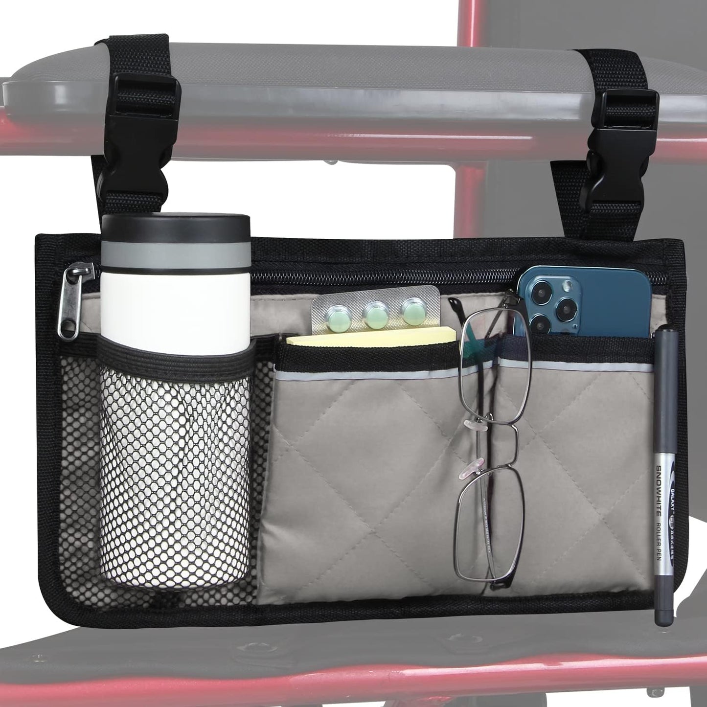 Wheelchair Side Bag, Wheelchair Armrest Storage Pouch with Cup Holder and Reflective Strip for Wheelchairs, Walkers or Rollators (Black)