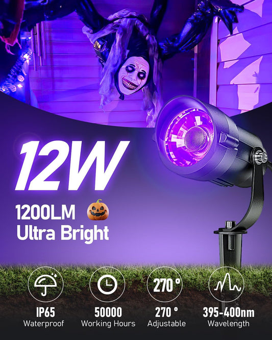 HIBOITEC 12W Halloween Black Light Spotlight Outdoor 1Pack IP65 Waterproof LED Spot Lights Landscape Lighting with US Plug for Glow Party Body Paint Yard Garden Decorations - PuriLite