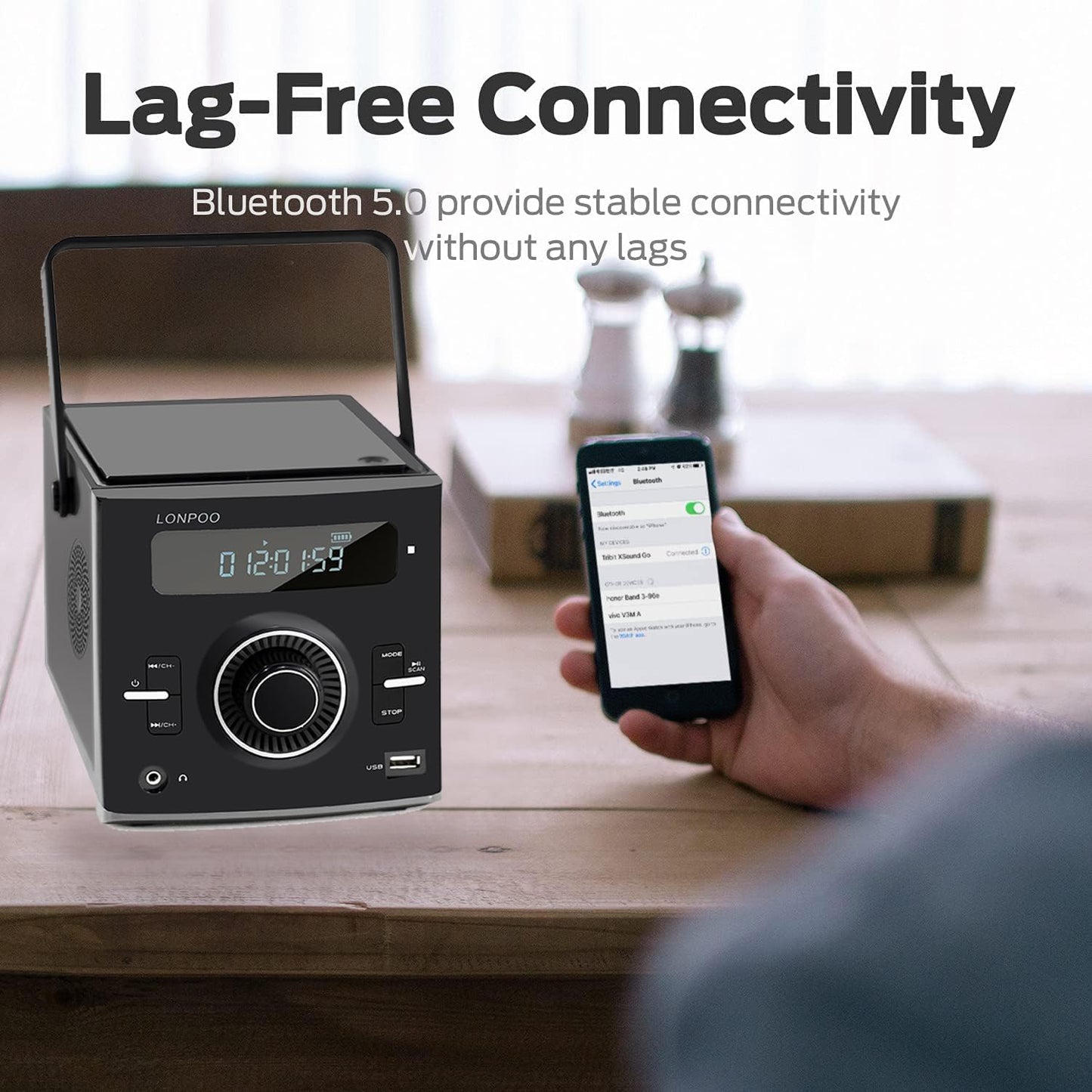 LONPOO Portable CD Player | Stereo Bluetooth Boombox | FM Radio Turn Knob | Auto Lid Open Button | Big LCD Display | Concealed Ports of USB/AUX/Earphone | Rear Power Protection Button (LP-D12)