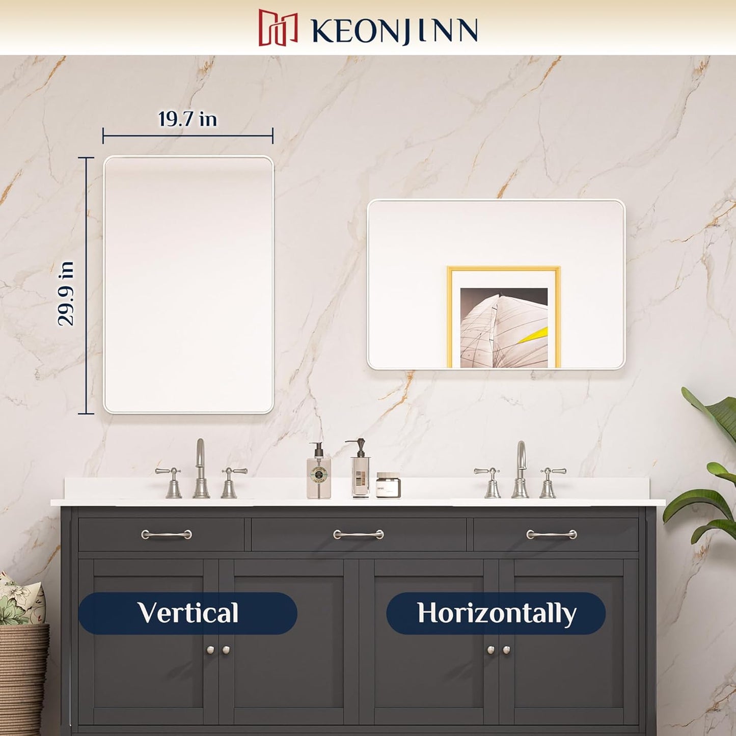 Keonjinn 42 x 36 Brushed Nickel Bathroom Vanity Mirror, Large Rounded Rectangle Bathroom Mirrors for over Sink, Metal Framed Silver Mirror for Wall, Shatterproof HD Tempered Glass(Horizontal/Vertical)