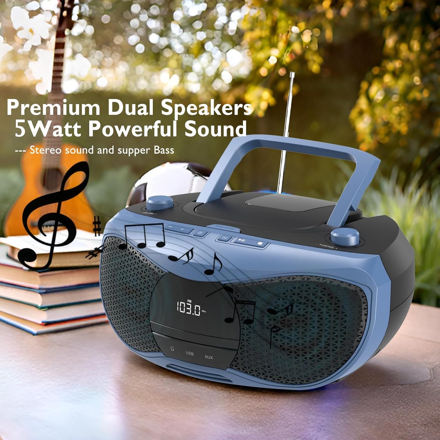 LONPOO Portable CD Player | Stereo Bluetooth Boombox | FM Radio Turn Knob | Auto Lid Open Button | Big LCD Display | Concealed Ports of USB/AUX/Earphone | Rear Power Protection Button (LP-D12)