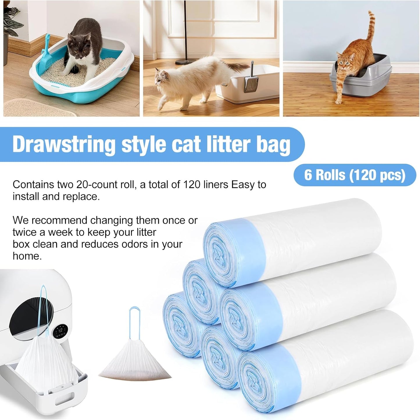 Cat Litter Box Liners, 120 Count Large Cat Litter Bags Thickened Cat Litter Waste Receptacles Bags Automatic Self Cleaning Cat Litter Box Liner, Universal Compatible for Most Litter Boxs