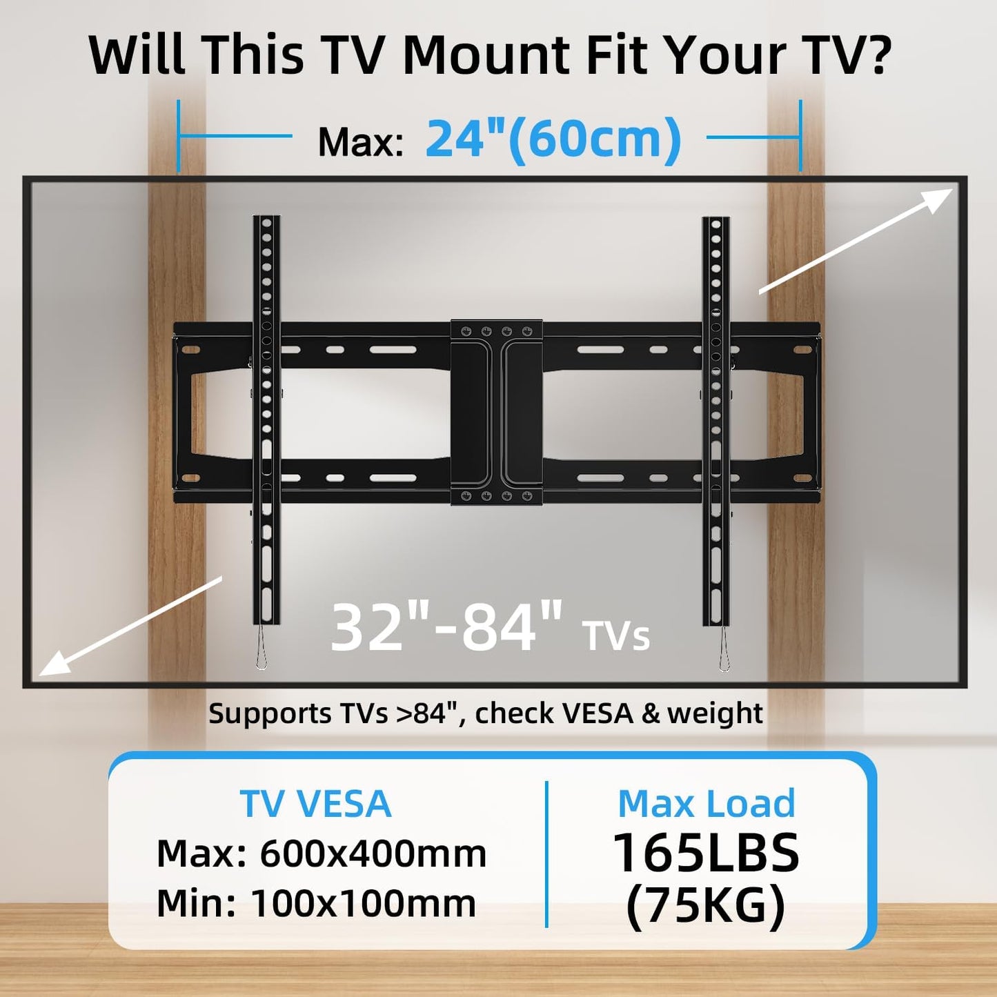 HOME VISION TV Wall Mount Tilt for Most 32-84 inch Flat Curved TV, Low Profile Tilting Wall Mount TV Bracket Fits 16”-18”-24” Wood Stud, Max VESA 600X400mm, Up to 165lbs, Quick Release