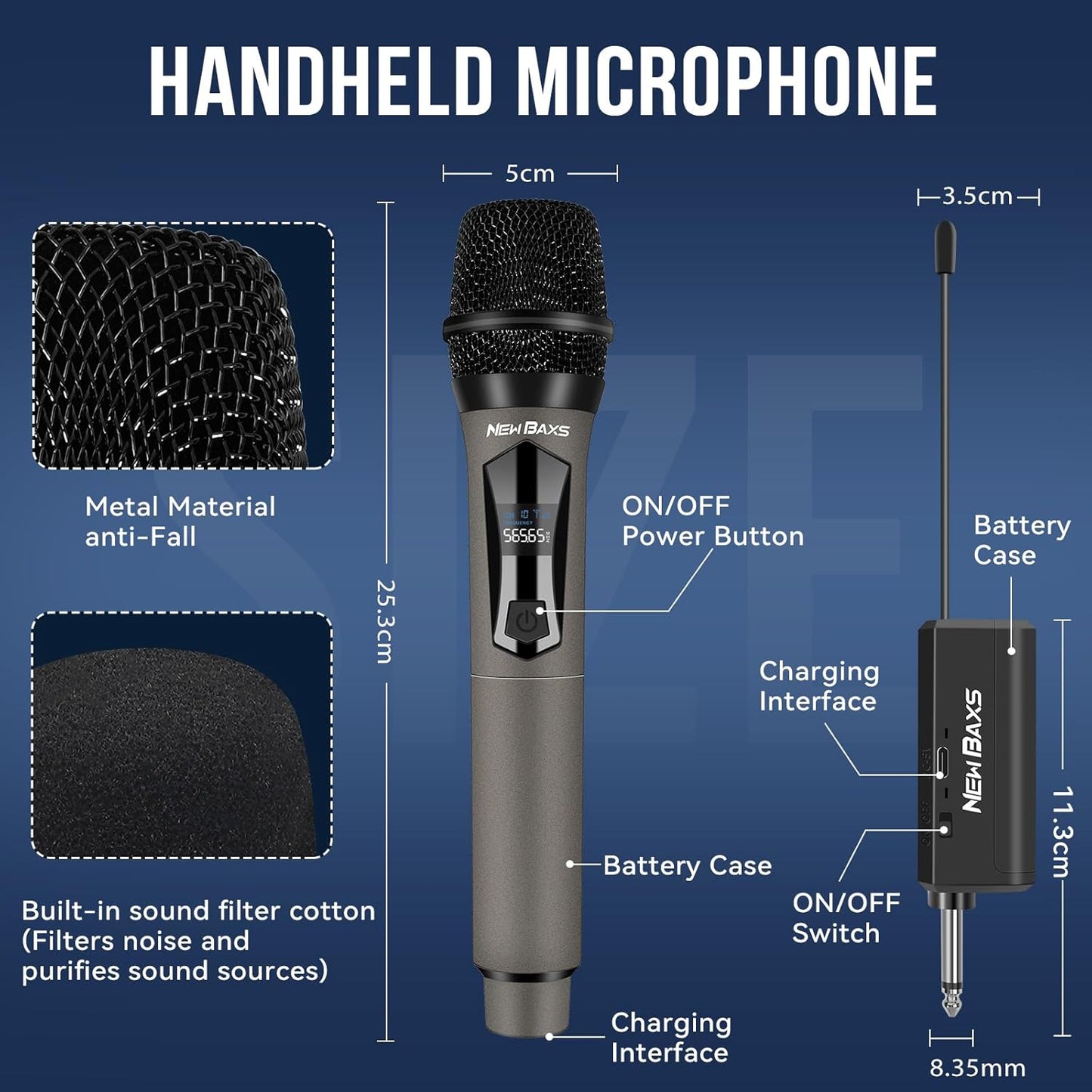 NEWBAXS Wireless Microphones,Dual Karaoke Microphone System,Microfonos Inalambricos with Rechargeable Receiver, Cordless Dynamic Mic Set for Singing, Wedding, DJ, Party, Speech,Micro Matte Gray