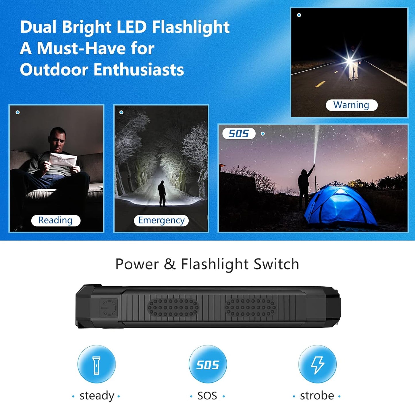 Solar-Charger-Portable-Charger, Power Bank 30000mAh Battery Pack with Dual 5V USB-A Port Output Compatible with iPhone, iPad, 2 x Bright LED Flashlight Perfect for Hiking, Camping, Outdoors