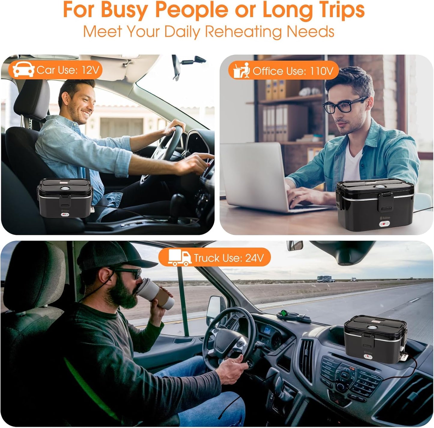 Kabbas 1.8L Portable Electric Lunch Box for Adults, 100W Heated Lunch Box for Men with Removable Dual Container, Fast Heating Food Warmer, 12V/24V/110V for Car Truck Office lonchera eléctrica portátil